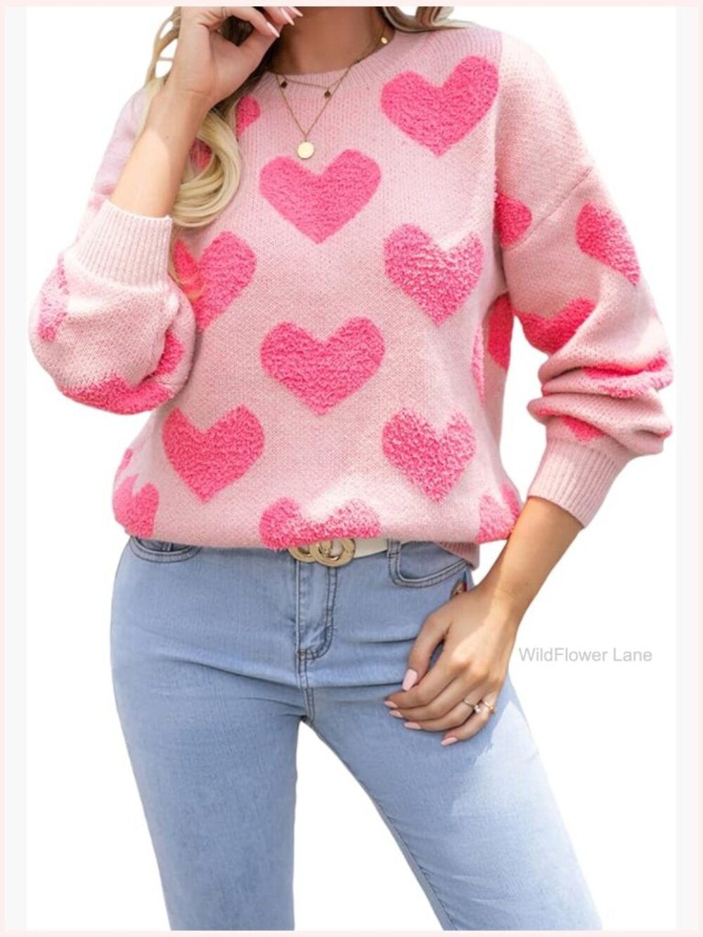 Women's Heart Pullover Sweater Crewneck Long Sleeve Oversized Casual Sweatshirt